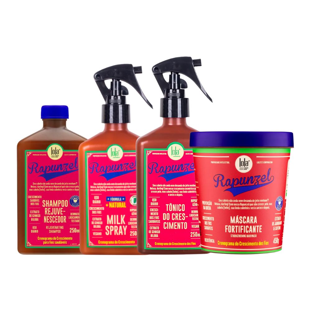 Lola Cosmetics Kit trattamento ricrescita Rapunzel - Shampoo, Milk Spray, Tonico di crescita e Maschera