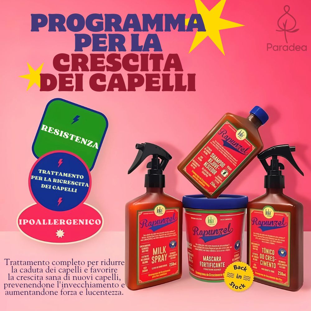 Lola Cosmetics Kit trattamento ricrescita Rapunzel - Shampoo, Milk Spray, Tonico di crescita e Maschera