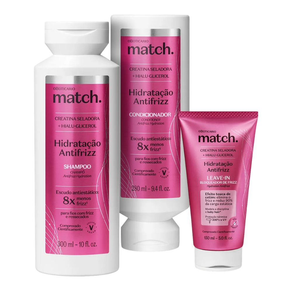 O Boticário Match. Set Hidratação Antifrizz - Shampoo + Balsamo + Leave-in
