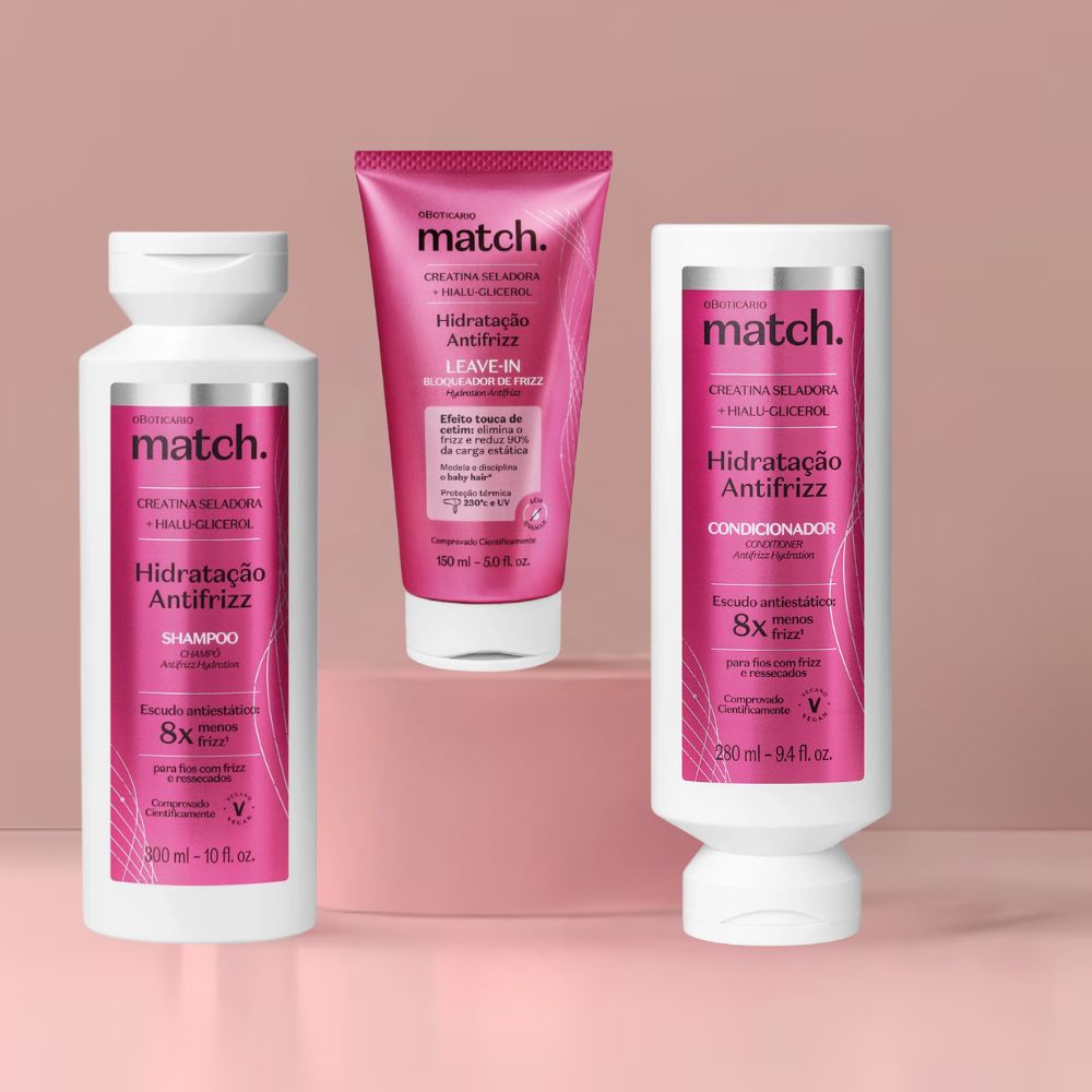 O Boticário Match. Set Hidratação Antifrizz - Shampoo + Balsamo + Leave-in