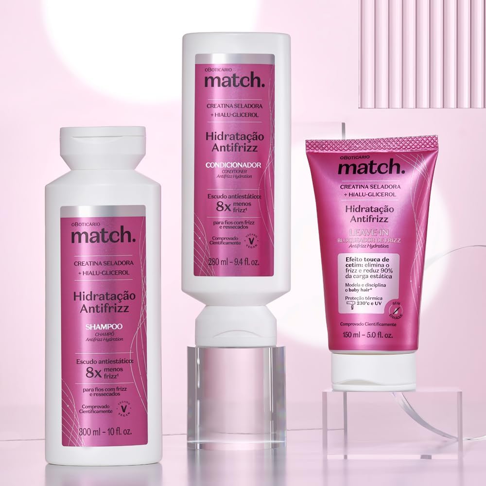O Boticário Match. Set Hidratação Antifrizz - Shampoo + Balsamo + Leave-in