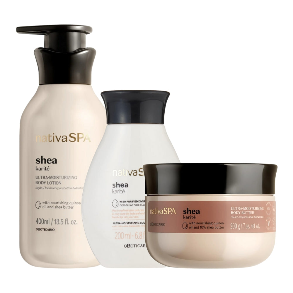 Nativa SPA Shea Geschenkset – Feuchtigkeitsspendendes Körperöl, Feuchtigkeitsspendende Körperlotion &amp; Ultra-Feuchtigkeitsspendende Körpercreme